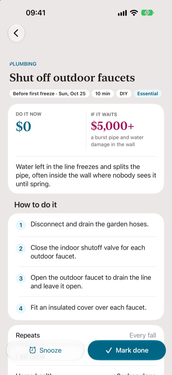 Task detail for Shut off outdoor faucets: $0 now, or $5,000 or more for a burst pipe and water damage in the wall, with four steps.